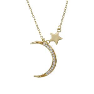 Sterling Silver Gold Tone Crescent Moon Star Cubic Zirconia Necklace 15.75-17.5"